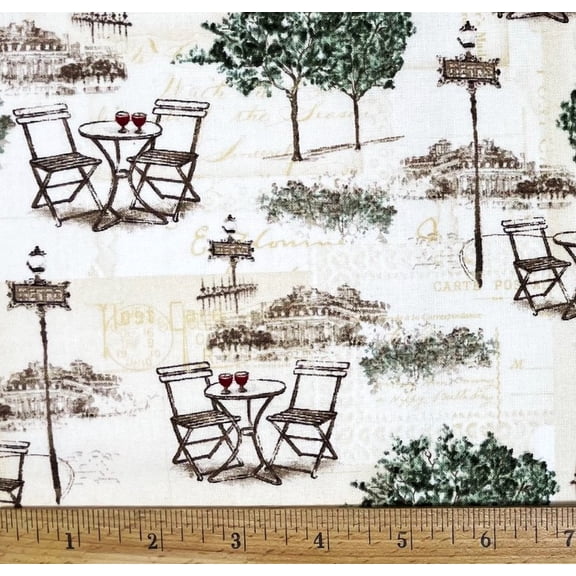 1 Fat Quarter - Paris Outdoor Cafe on Cream Cotton Fabric - 21" X 18"
