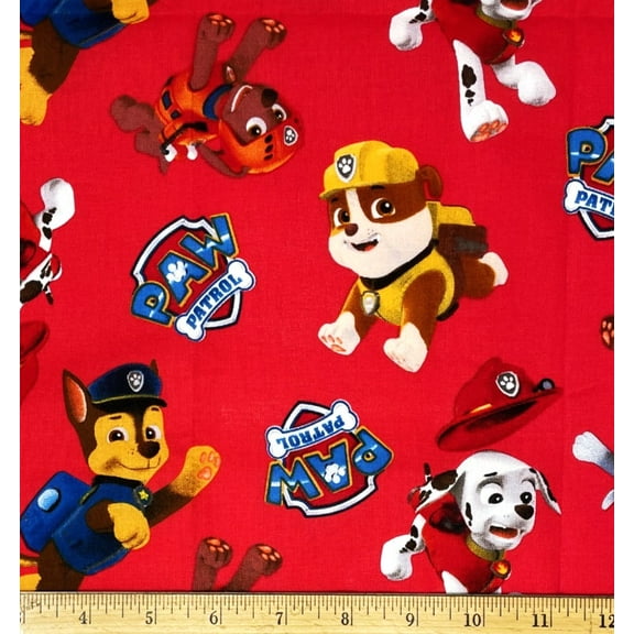 1 Fat Quarter - Paw Patrol Chase Marshall & More on Red Cotton Fabric - 21" X 18"