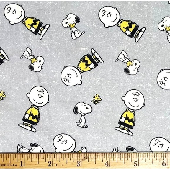 1 Fat Quarter - Peanuts Snoopy Charlie Brown & Woodstock on Gray Cotton Fabric - 21" X 18"