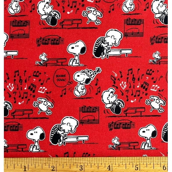 1 Fat Quarter - Peanuts Snoopy & Linus Piano Music on Red Cotton Fabric - 21" X 18"