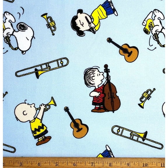 1 Fat Quarter - Peanuts Snoopy Music Musical Instruments on Light Blue Cotton Fabric - Charlie Brown Lucy Linus - 18" X 21"