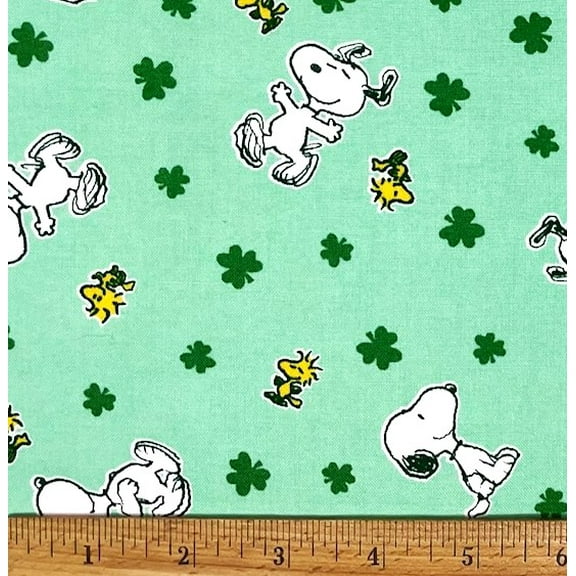 1 Fat Quarter - Peanuts Snoopy & Woodstock Shamrock Green Cotton Fabric - 21" X 18"