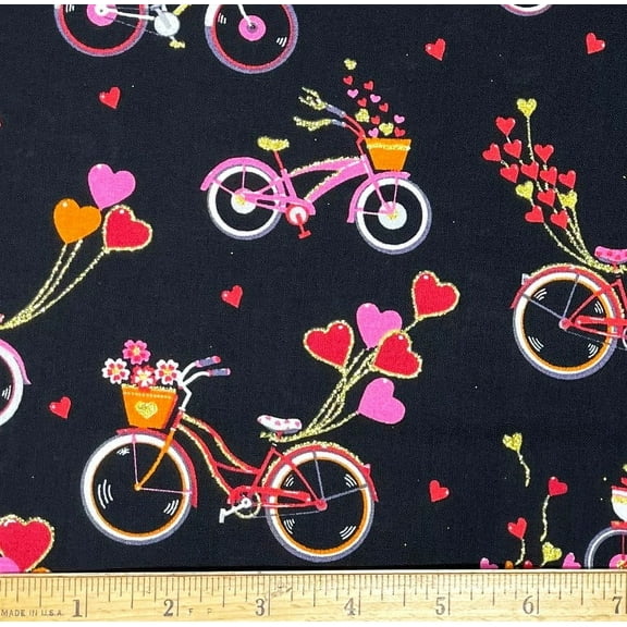 1 Fat Quarter - Pink Bicycles & Balloons Hearts Glitter Accent on Black Cotton Fabric - 21" X 18"