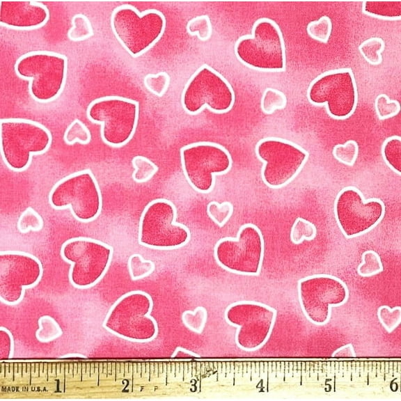 1 Fat Quarter - Pink Hearts on Coral Pink Cotton Fabric - 21" X 18"