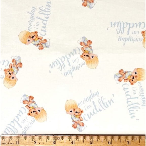 1 Fat Quarter - Precious Moments Boy & His Teddy Bear on White Cotton Fabric - 21" X 18"