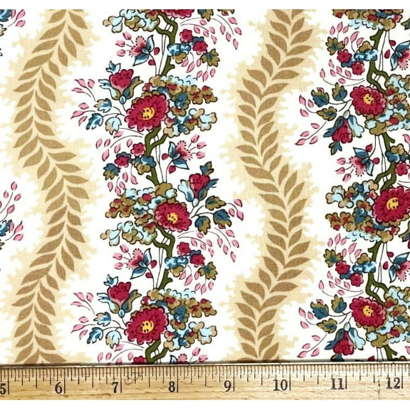 1 Fat Quarter - Red Floral & Tan Leaf Stripe on Cream Cotton Fabric - 21" X 18"