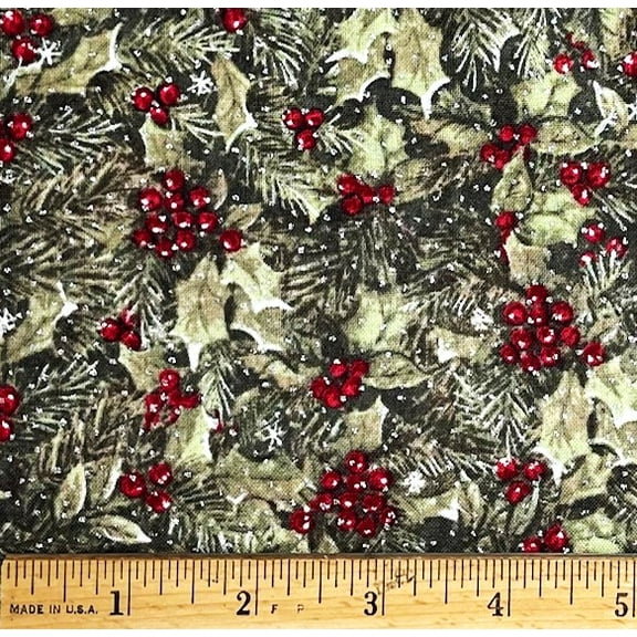 1 Fat Quarter - Red Holly Berry & Leaf with Silver Glitter Accent Holiday Christmas Cotton Fabric - 21" X 18"