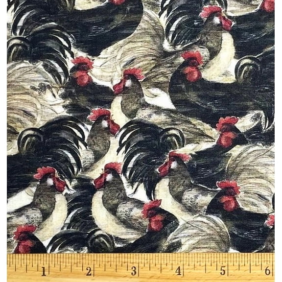 1 Fat Quarter - Roosters Chicken Black & Gray Cotton Fabric - 21" X 18"