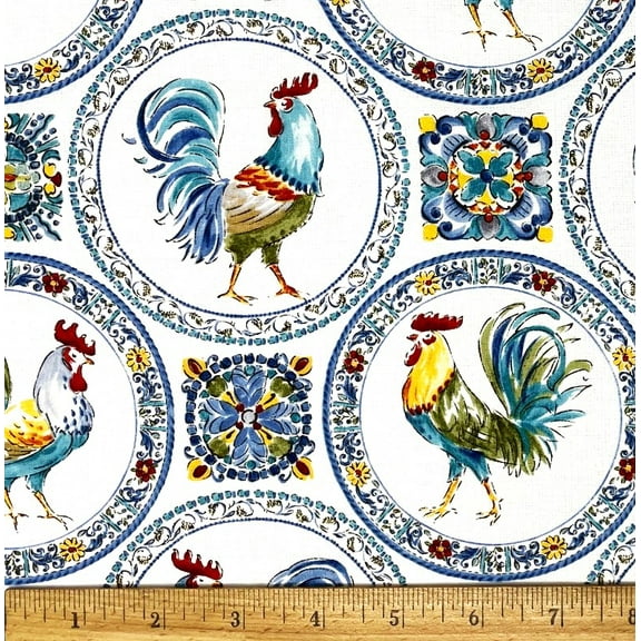 1 Fat Quarter - Roosters & Colorful Blooms Chicken on White Cotton Fabric - 21" X 18"