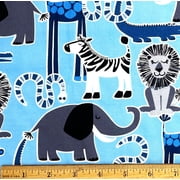 1 Fat Quarter - Safari Animals Lion Giraffe Zebra & Elephant on Blue Cotton Fabric - 21 X 18