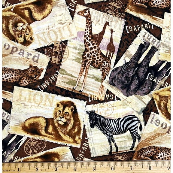 1 Fat Quarter - Safari Travel Postcards Zebra Elephant & More Cotton Fabric - 21" X 18"