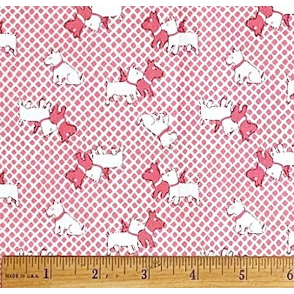 1 Fat Quarter - Scottie Dog Scottish Terrier Pink Lattice Storybook Cotton Fabric - 21" X 18"