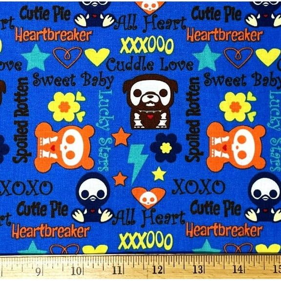1 Fat Quarter - Skelanimals Halloween Animals on Blue Cotton Fabric - Baby Penquin Dog & Bear - 18" X 21"
