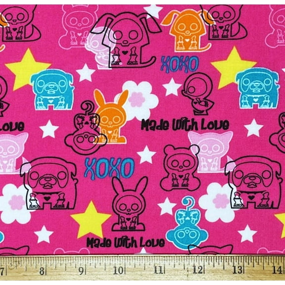 1 Fat Quarter - Skelanimals Halloween Animals on Pink Cotton Fabric - Baby Monkey Dog & Rabbit - 18" X 21"