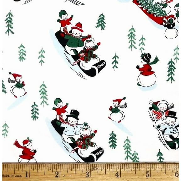 1 Fat Quarter - Snowman Family Sledding on Snow White Cotton Fabric - 21" X 18"