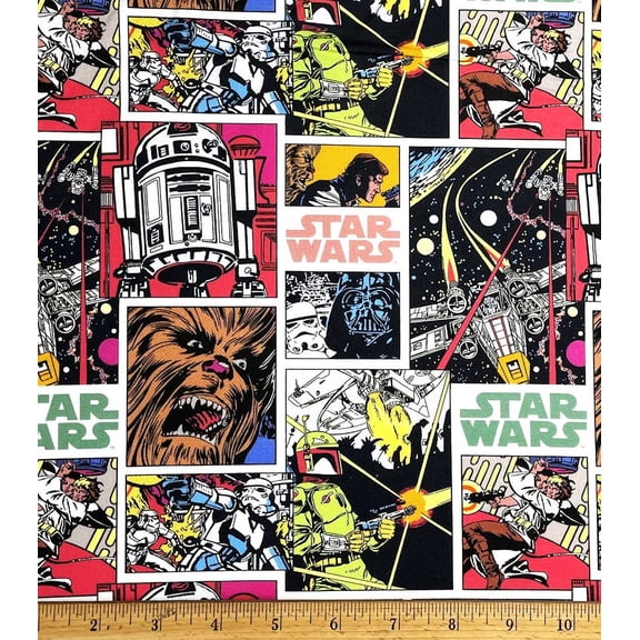 1 Fat Quarter - Star Wars Comic Book Block Cotton Fabric - R2D2 Chewie Star Fighter- 18" X 21"