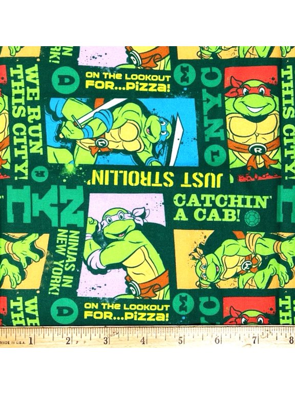 1 Fat Quarter - Teenage Mutant Ninja Turtle Look Out for Pizza Green Cotton Fabric - 21" X 18"