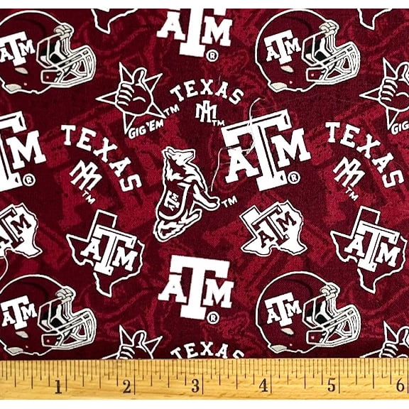 1 Fat Quarter - Texas A&M Gig 'Em Aggies on Burgundy Cotton Fabric - 21" X 18"