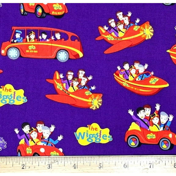 1 Fat Quarter - The Wiggles Big Red Car Bus Boat & More on Purple Cotton Fabric - 21" X 18"