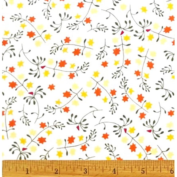 1 Fat Quarter - Tiny Yellow & Orange Flowers on White Cotton Fabric - 21" X 18"