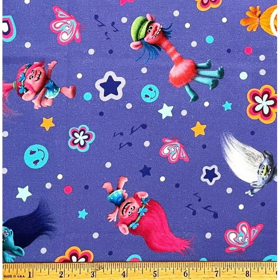 1 Fat Quarter - Trolls & Retro Flowers on Purple Cotton Fabric - Poppy Cooper Branch & More - 21" X 18"