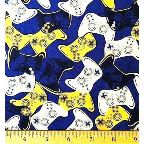 1 Fat Quarter - Video Game Controllers on Blue Cotton Fabric - 21" X 18"