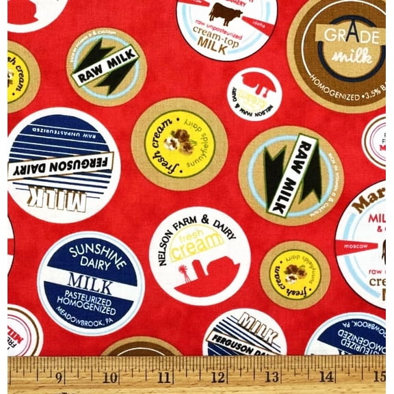1 Fat Quarter - Vintage Milk Bottle Caps on Red Cotton Fabric - 21" X 18"
