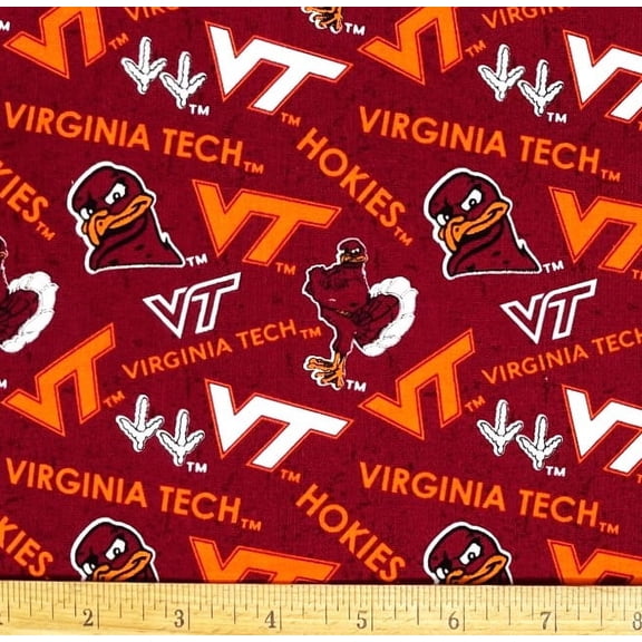 1 Fat Quarter - Virginia Tech Hokie Bird on Burgundy Red Cotton Fabric - 21" X 18"