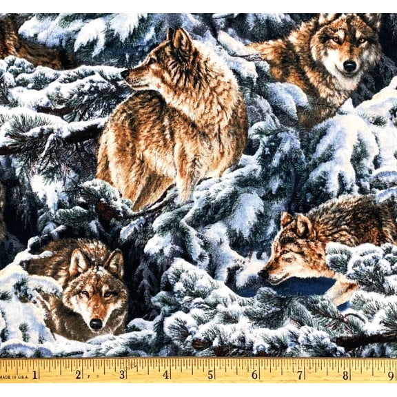 1 Fat Quarter - Wild Wolves Wolf Snowy Scene Cotton Fabric - 21" X 18"