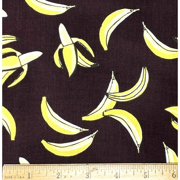 1 Fat Quarter - Yellow Bananas Tossed on Brown Cotton Fabric - 21" X 18"