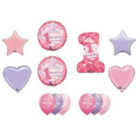 #1 First One 1st GIRL Princess Tiara Hearts Stars Birthday Party Balloons Set