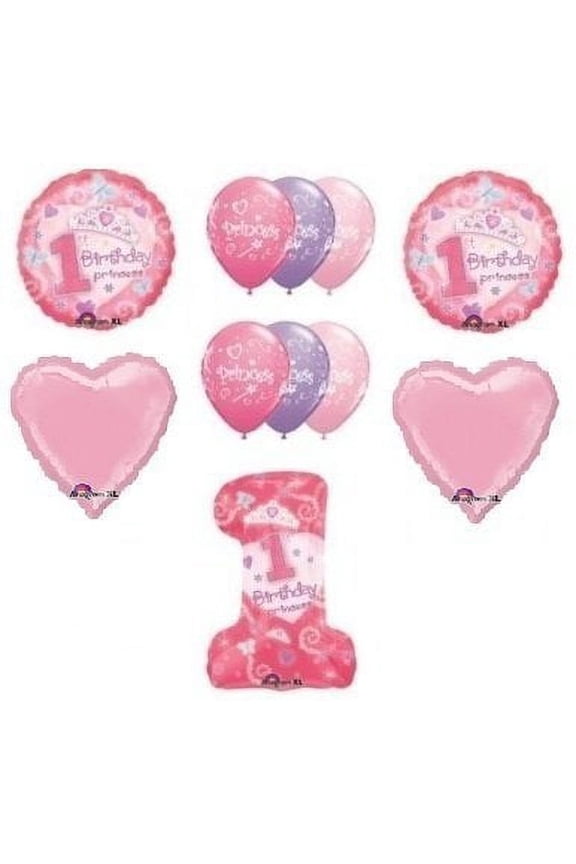 #1 First One 1st GIRL Princess Tiara Pink Hearts 11 Birthday Party Balloons Set