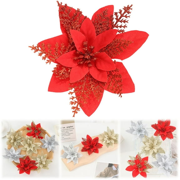 1 Five-Pointed Pine and Cypress Leaf Artificial Flower Red Glitter Flowers Tree Ornaments Flowers Artificial Flowers Decorations Wedding Tree New Year Ornaments Wreath Decoration