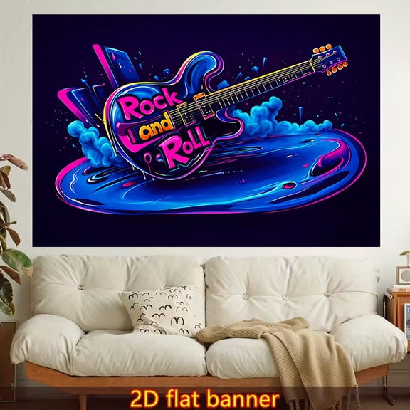 1 Flat Print Tapestry | Electric guitar, neon, rock theme, polyester material, suitable for living room, bedroom, office, home dcor, non-luminous.