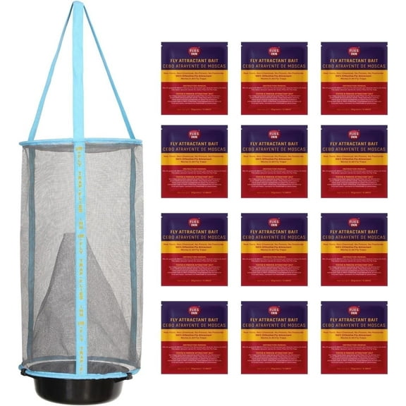 FLIES INN Lite Cage Reusable Fly Catcher Trap with 12 Baits for Ranch & Farms; Low Odor, Durable