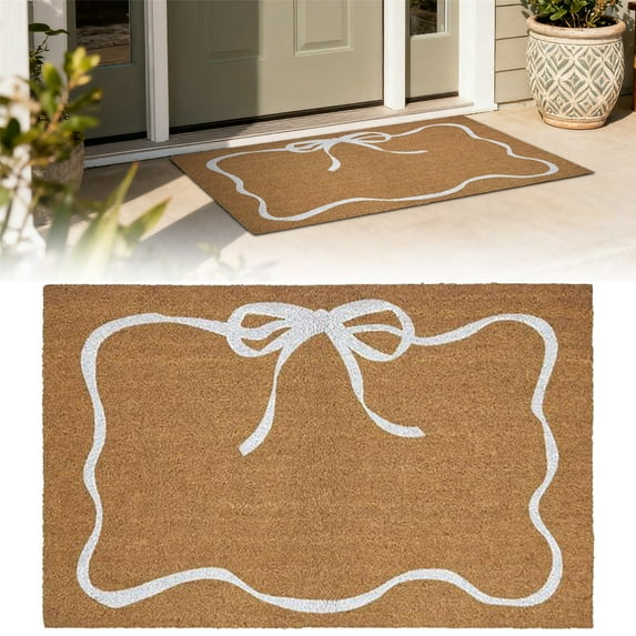 1 Floor Mat White Bow Entryway Mat 40X60Cm Coconut Coir Doormat for Holiday Decor Non Welcome Rug for Front Door and Entryway