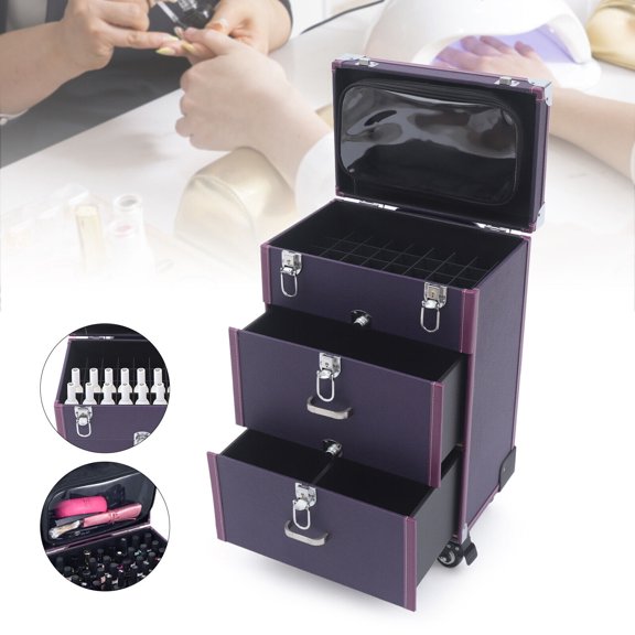 1* Floor Standing Rolling Makeup Case With 4* Keys, Makeup Trolley Case, Makeup Suitcase with Wheels(Silver, Purple)