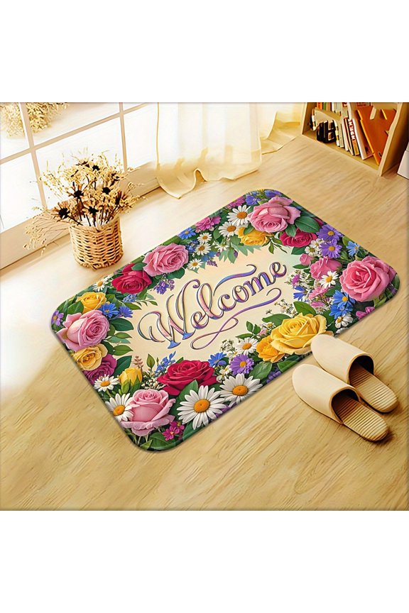 1 Floral Welcome Non-Slip Outdoor Mat - High-definition printing, machine washable absorbent polyester material, suitable for entrances, bathrooms, camping, picnics, yoga, and other areas.