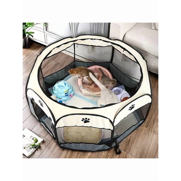 1 Folding Octagonal Pet Enclosure Tent - Scratch-Resistant Oxford Cloth, Open Top, Spacious Portable Cage for Cats, Dogs, Puppies & Small Animals, Easy Storage, Travel-Style,Beige Gray,L