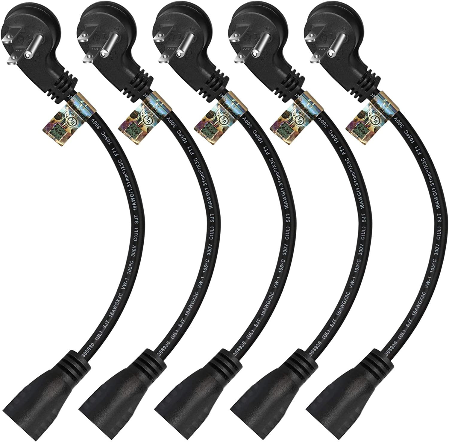 1 Foot Extension Cord Flat Plug Space Saver Short Cable, Three Prong