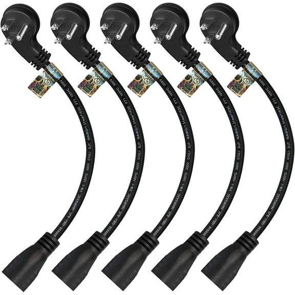 1 Foot Extension Cord - Flat Plug Space Saver Short Cable, Three Prong, 16 AWG Thickness - 5 Pack - By Luxury Office