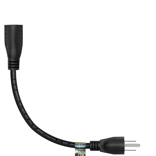 1 Foot Extension Cord Three Prong Space Saver Short Cable, 16 AWG