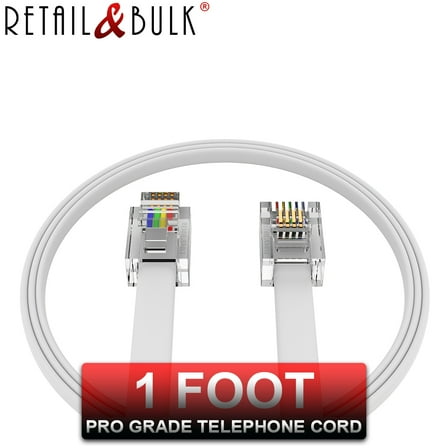 1 Foot RJ11 Telephone Cord - Voice/Data Phone Cable, 4 Wire, 100% Copper (White 1ft) Made in USA