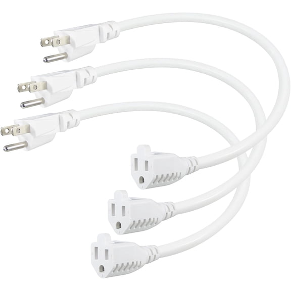 1 Foot Short Extension Cord - 12in White AC Mini Indoor 3 Prong Extension Cord,Single Outlet Saver Electrical 16AWG 125V 13Amp Small Short Grounded Appliance Power Extension Cord [3 Pack]