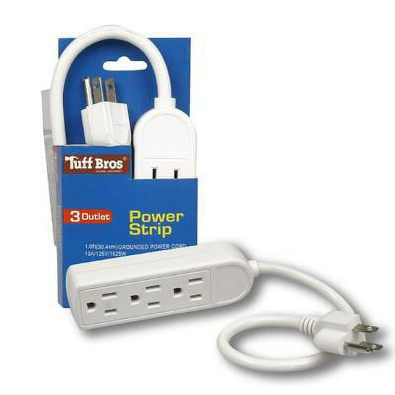 1 Foot White Durable Heavy Duty 3 Outlet 13A / 125V / 1625W 16 Gauge Power Strip