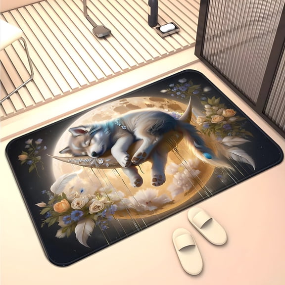 1 "Full Moon Lone Wolf" Themed Floor Mat  Non-Slip Bathroom Mat; Absorbent Microfiber, Machine-Washable Polyester Mat; Suitable for Outdoor Porches, Kitchens, Living Rooms, and Bathroom Decor.