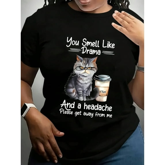 1 Fun Cat And Coffee Print T-Shirt For Plus Size Women - 100% Crewneck ...