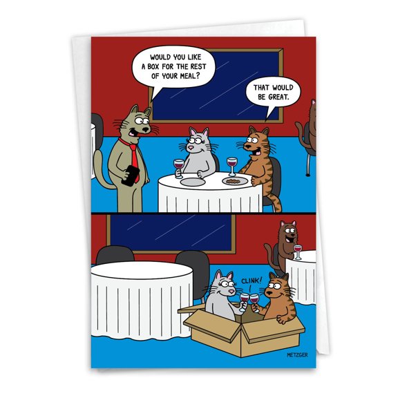 NobleWorks Funny Anniversary Greeting Card w/ 5x7 Envelope (1 Card), for Men, Women, Couple, Husband, Wife, Parents Anniversary Congratulations Cat Box C7005ANG