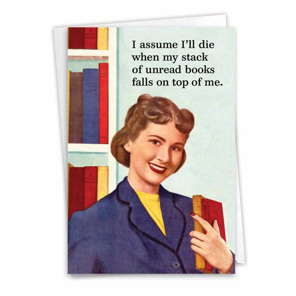 NobleWorks Funny Retro/Vintage Birthday Greeting Card w/ 5x7 Envelope (1 Card), for Women, Bday Unread Books C7259BDG