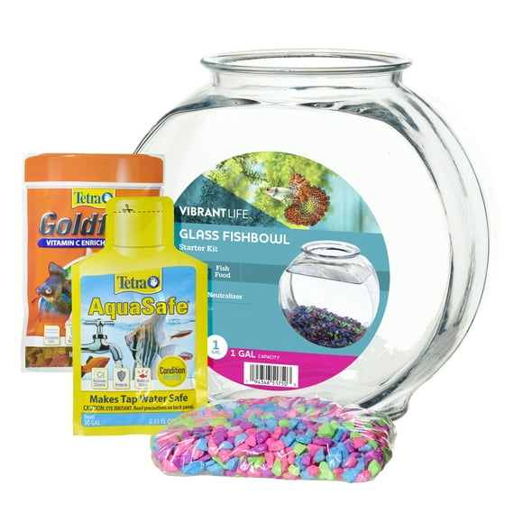 Vibrant Life 1 Gallon Glass Fish Bowl Starter Kit with Colorful Gravel, Fish Food, and Water Conditioner Samples